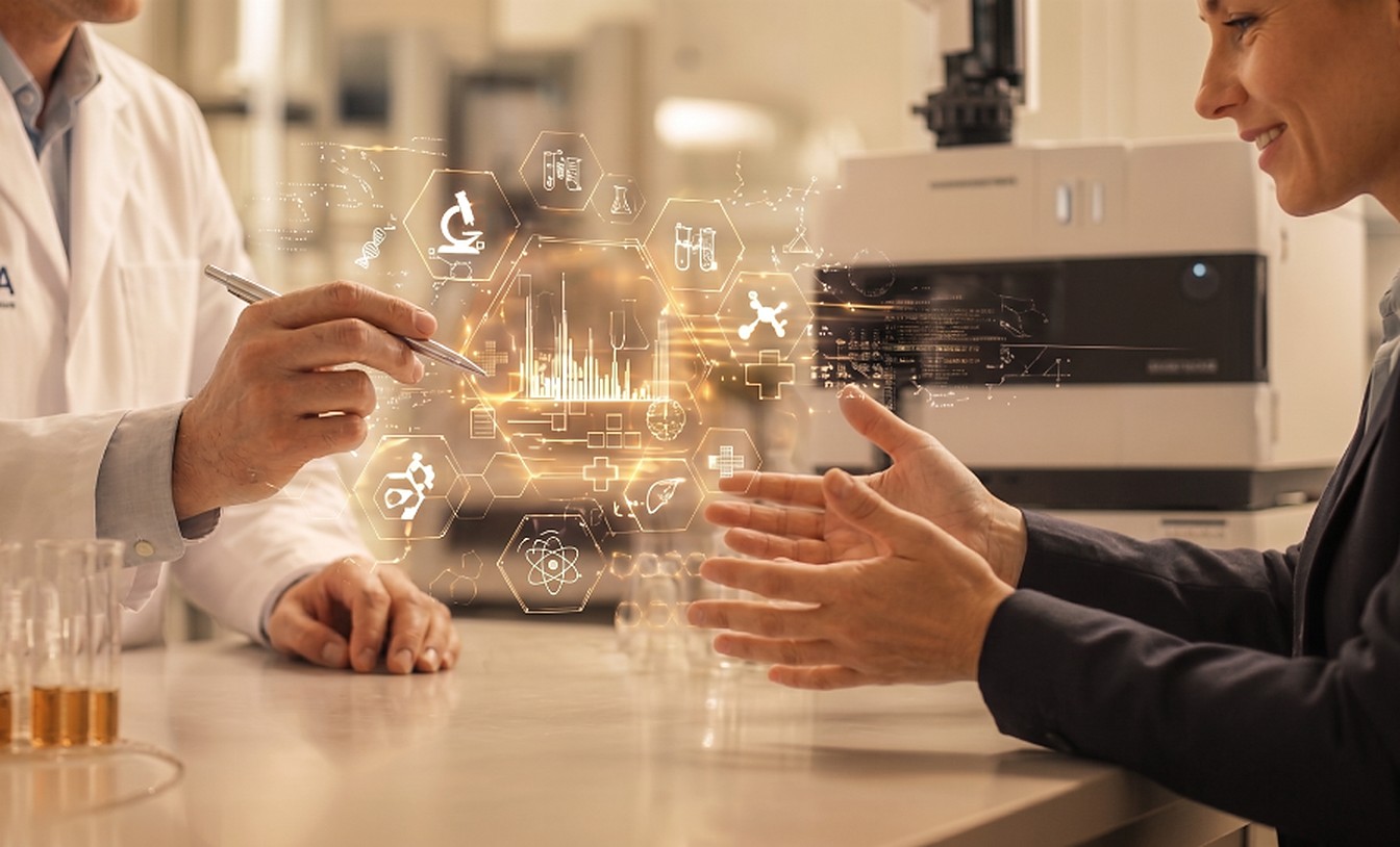 Especialista y asesora revisando una solución analítica en el laboratorio